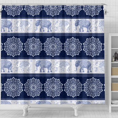Mandala Elephant Flower Navy Fabric Shower Curtain Bathroom Curtains