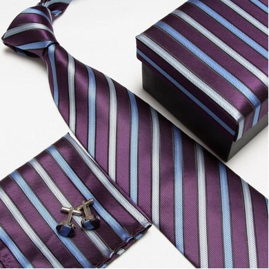 Purple & Blue Strip #9 NeckTie Set for Man (Necktie, Cufflinks & Handkerchief) in  Gift Box