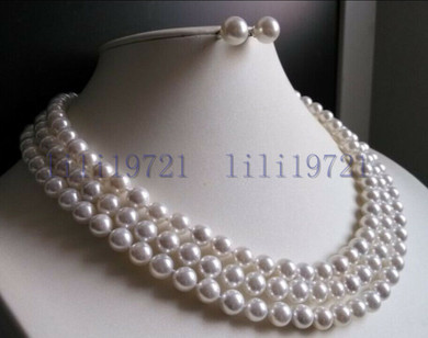 3 Rows 8mm white south sea shell pearl necklace Earrings 17-19" LL008