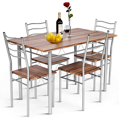 5 Piece Dining Table Set Wood Metal Kitchen Breakfast Furniture w/4 Chair Walnut