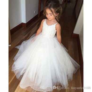 New Flower Girl Dresses Beading Sash Ball Gowns Lace Appliques Floor Length Flower Girls Princess Elegant Wedding Pageant Dresse