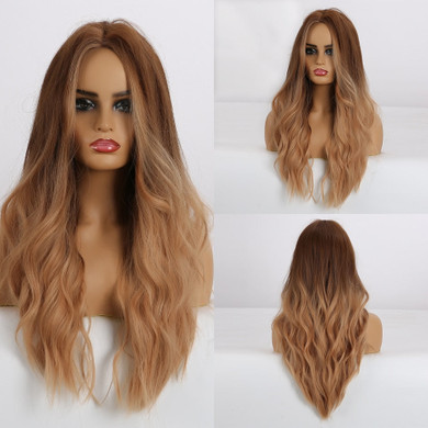 LOUIS FERRE Long Black Brown Gloden Honey Wavy Wig with Highlights Cosplay Synthetic Wigs Women Heat Resistant Middle Part Wigs