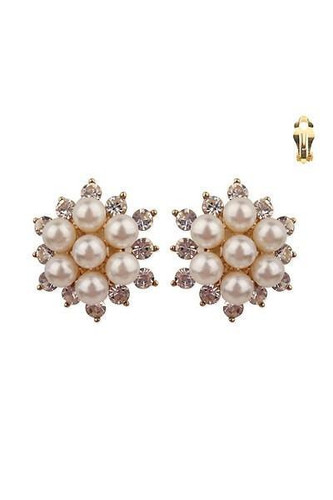 Pearl And Rhinestone Studded Floral Clip Earrings Pearl And Rhinestone Studded Floral Clip Earrings