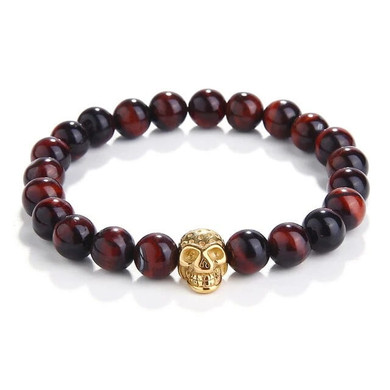 Skull Bracelet <br> Red Tiger Eye Beads