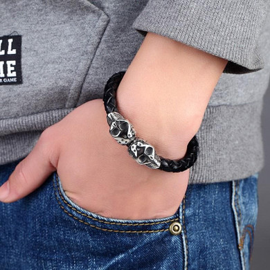 Skull Bracelet <br> Twin Head (Leather)