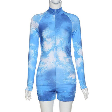 Tie Dye Ruched  Biker shorts sexy bodycon Long Sleeve rompers