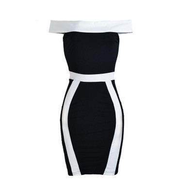 Off shoulder slash neck white&black Bodycon Dress