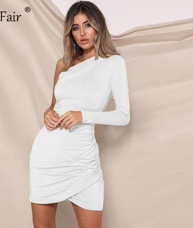 Long Sleeve One Shoulder Ruched Bodycon Casual Dress