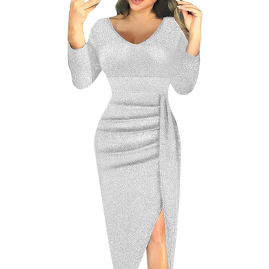 Long Sleeve Party V-Neck High Slit Bodycon Dress
