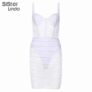 Women See Through Mesh Sleeveless Strapless Bodycon Dress