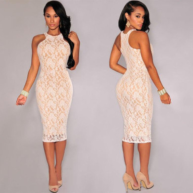Women's Sleeveless O-Neck Lace Bodycon Dress