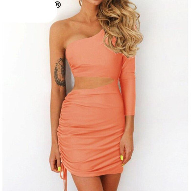 Sexy One Shoulder Women Summer Hollow Out Pleated Bandage Bodycon Dress