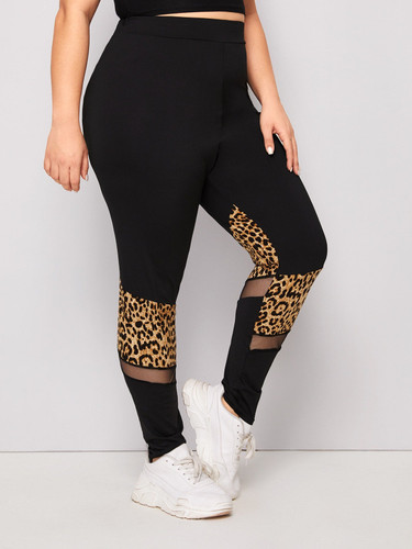 Plus Contrast Mesh Leopard Leggings