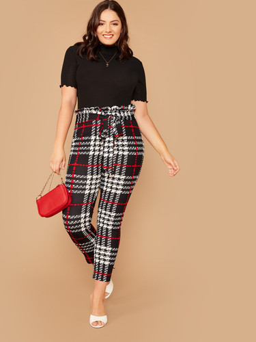  Plus Paperbag Waist Belted Plaid Pants