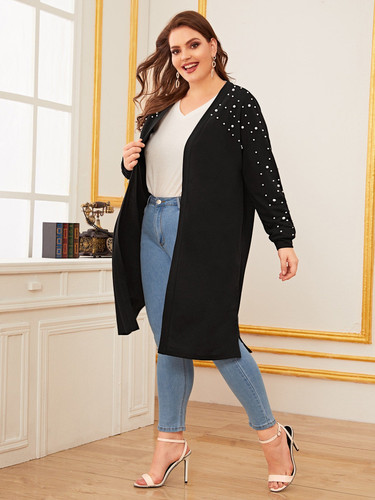 Plus Open Front Pearls Beaded Coat