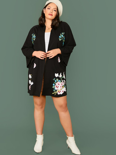 Plus Open Front Floral Print Coat