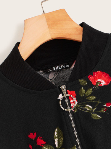 Plus Floral Print Zipper Up Bomber Jacket