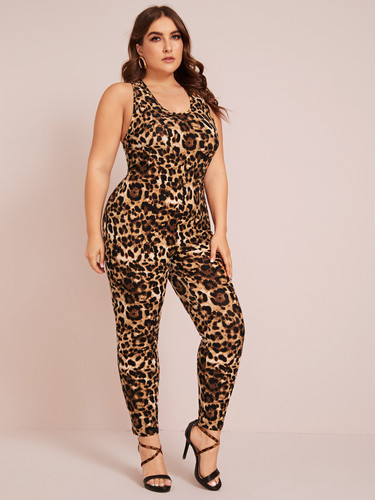 Plus Crisscross Backless Leopard Print Unitard Jumpsuit