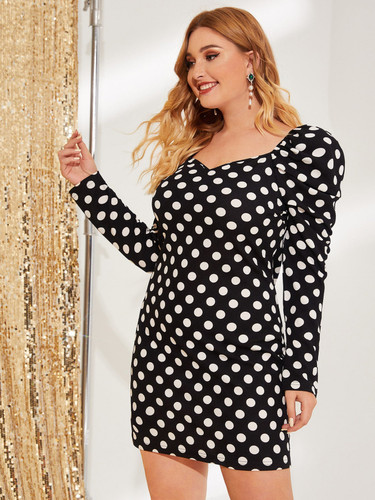 Plus Gigot Sleeve Polka Dot Fitted Dress