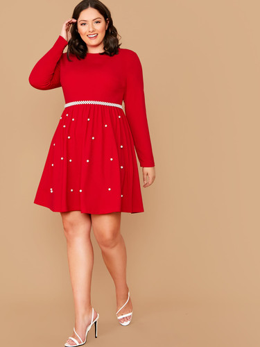 Plus Solid Pearls Beaded Dress