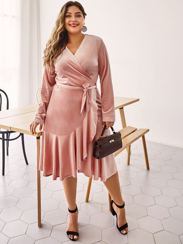 Plus Ruffle Hem Belted Velvet Wrap Dress