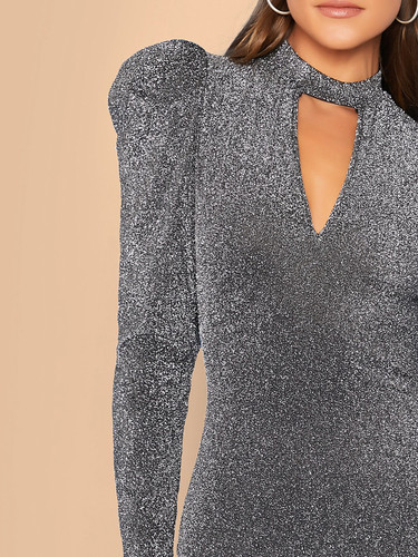 Keyhole Neck Gigot Sleeve Glitter Dress