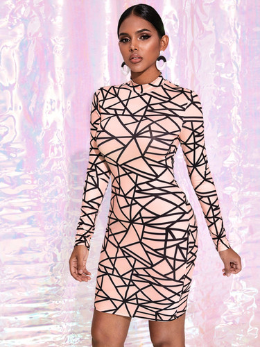 Geo Print Mock-neck Bodycon Dress