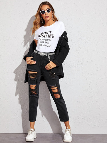 Ripped Pocket Side Boyfriend Jeans Without Belted