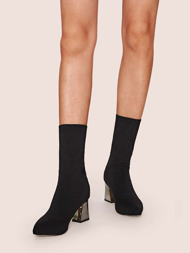 Point Toe Chunky Heeled Sock Boots