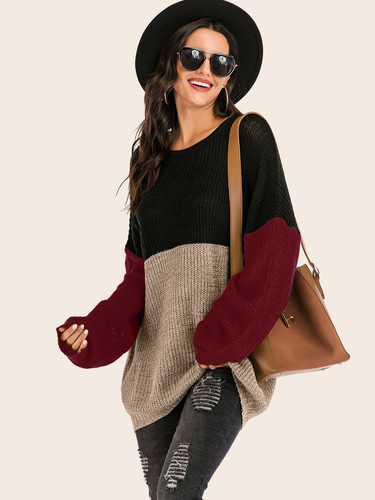 Colorblock Drop Shoulder Ribbed Knit Sweater