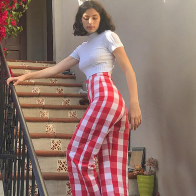 Red/Blue Plaid Wide Leg  Ankle Length Women Loose Pants