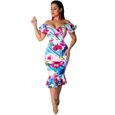 Floral Print Off Shoulder Plunging V-Neck Midi  Dress