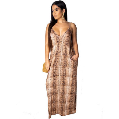 Women Leopard  V-Neck Spaghetti Strap Maxi Dress