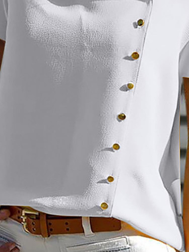Leisure White Short Sleeve Buttoned Casual Blouse