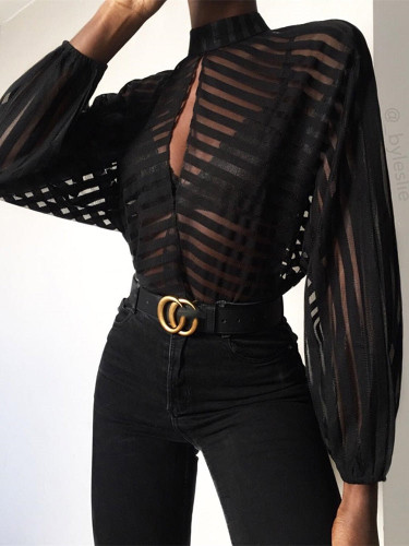 Stripes Keyhole Front Mesh Blouse