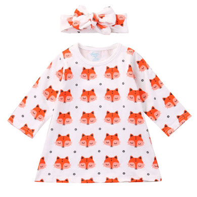 Newborn Baby Girls Long Sleeve Cotton Cute Cartoon Fox Dress Headband Outfits 2pcs Baby Clothing Set