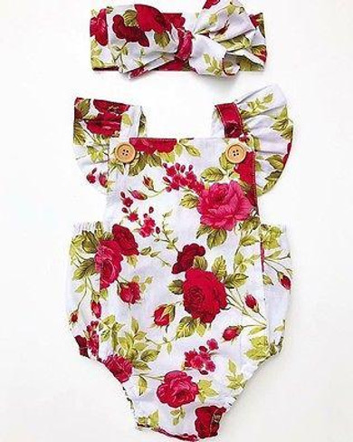 Newborn Baby Girls Clothes Flower Jumpsuit Romper + Headband Outfits