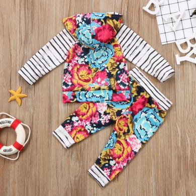 2pcs Toddler kid Baby Girl Floral Clothes Newborn Long Sleeve Hooded T-shirt Tops+Pants Outfits Set