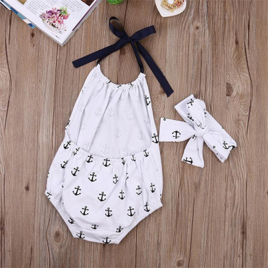 2PCS Newborn Kids Baby Girl Clothes Anchor Sleeveless Bodysuit Jumpsuit Playsuit+ Headband Outfits