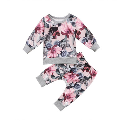 2pcs Newborn Baby Girls Clothes Long Sleeve Coats T-shirt Tops+Floral Pants Flower Outfits Set