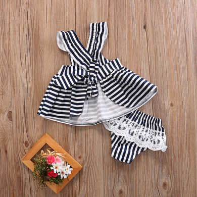 2pcs Newborn Baby Girls Clothes Infant Kids Summer Striped Dress Top + Briefs Outfit Toddler Kids Clothing Set 0-24M
