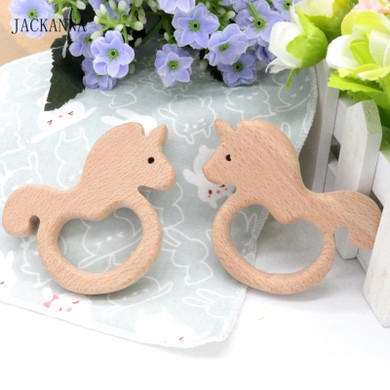 2PCS Beech Wood Teether Unicorn Infant Teethers Baby Biter Wooden Teething Accessories Kids Teething Pendant Chew Toys BPA FREE