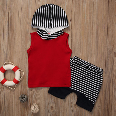2pcs Baby Set Summer Baby Boy Clothes Summer Sleeveless Hooded Cotton T-shirt+Striped Pants 2pcs Outfit Baby Clothes