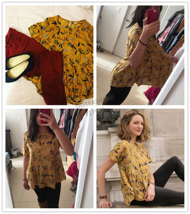 Dotfashion Yellow Allover Calico Print Casual Blouse Summer Keyhole Back Smock Blouse Round Neck With Ruffle Peplum Blouses
