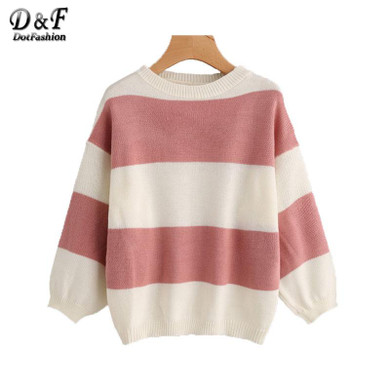 Dotfashion Wide Striped Sweater Winter Women Loose Sweater And Pullovers 2017 Pink Long Sleeve Round Neck Casual Sweater