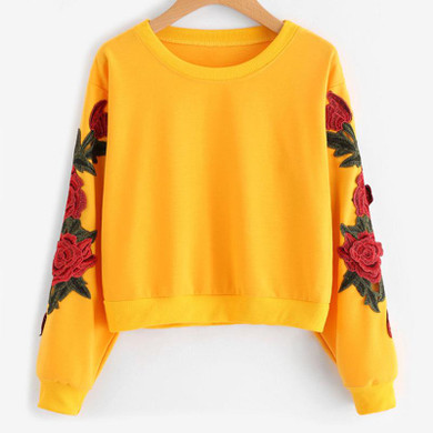 Dotfashion Rose Embroidered Applique Sweatshirt 2017 Yellow Round Neck Long Sleeve Pullovers Women Autumn Sweatshirt