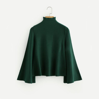 Dotfashion Mock Neck Flare Sleeve Jersey Jumper 2017 Green Turtleneck Casual Top Autumn Long Sleeve Loose Sweater