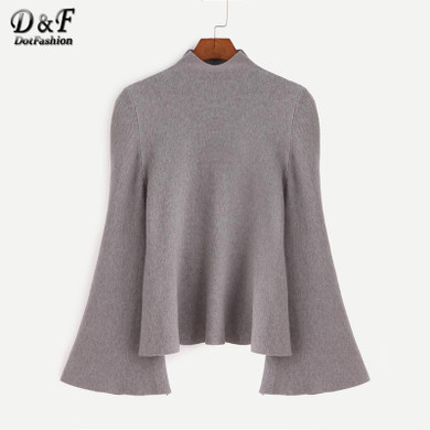 Dotfashion Mock Neck Bell Sleeve Jersey Sweater 2017 Women Turtleneck Loose Pullovers Long Sleeve Elegant Sweater