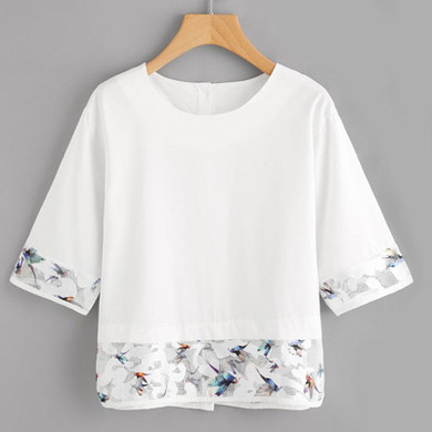 Dotfashion Mesh Paneled Button Back Blouse 2017 White Half Sleeve Print Zipper Top Summer Round Neck Tunic Casual Blouse