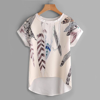 Dotfashion Floral Print Batwing Sleeve Dip Hem Blouse 2017 Summer Beige Round Neck High Low Blouse Women's Casual Tops